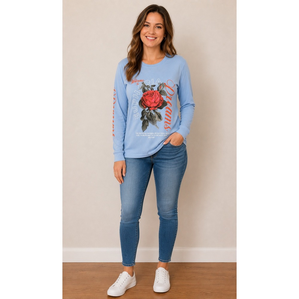 PacSun Medium Blue‎ Euphoria Dreams Rose Graphic Long Sleeve T-Shirt Women's M